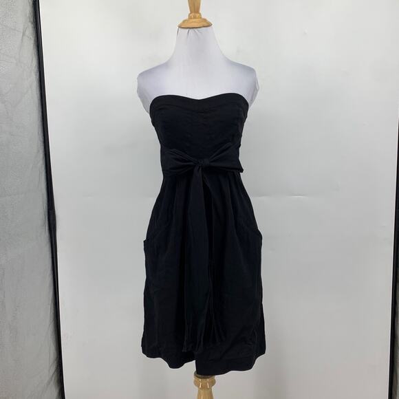 Theory Dress Womens 0 Black Simms Linen Blend Strapless Sash Bow Front Pockets - Picture 2 of 15